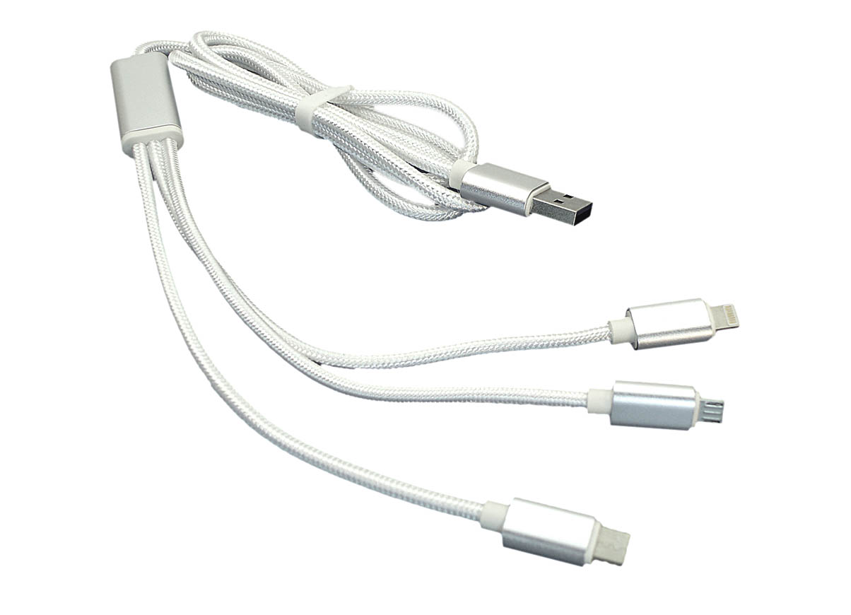 Купить кабель для зарядки USB (3-в-1)  ( Apple Lightning 8Pin, USB Type-C, USB-Micro) ШНУРОК. 1m. Белый