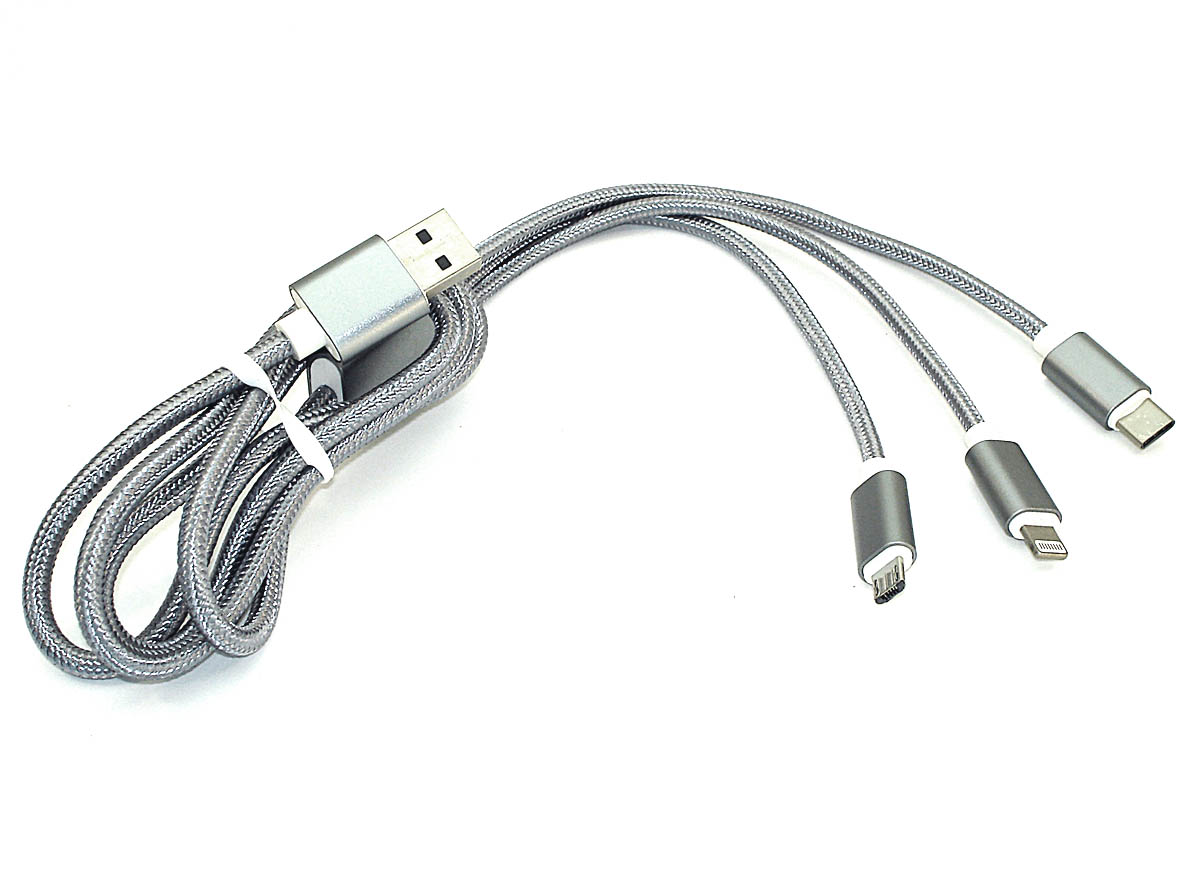 Купить кабель для зарядки USB (3-в-1)  ( Apple Lightning 8Pin, USB Type-C, USB-Micro) ШНУРОК. 1m. Серый